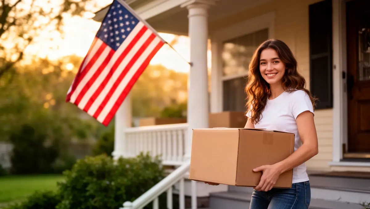 A smiling woman carrying a moving box up the porch steps of a house with an American flag
